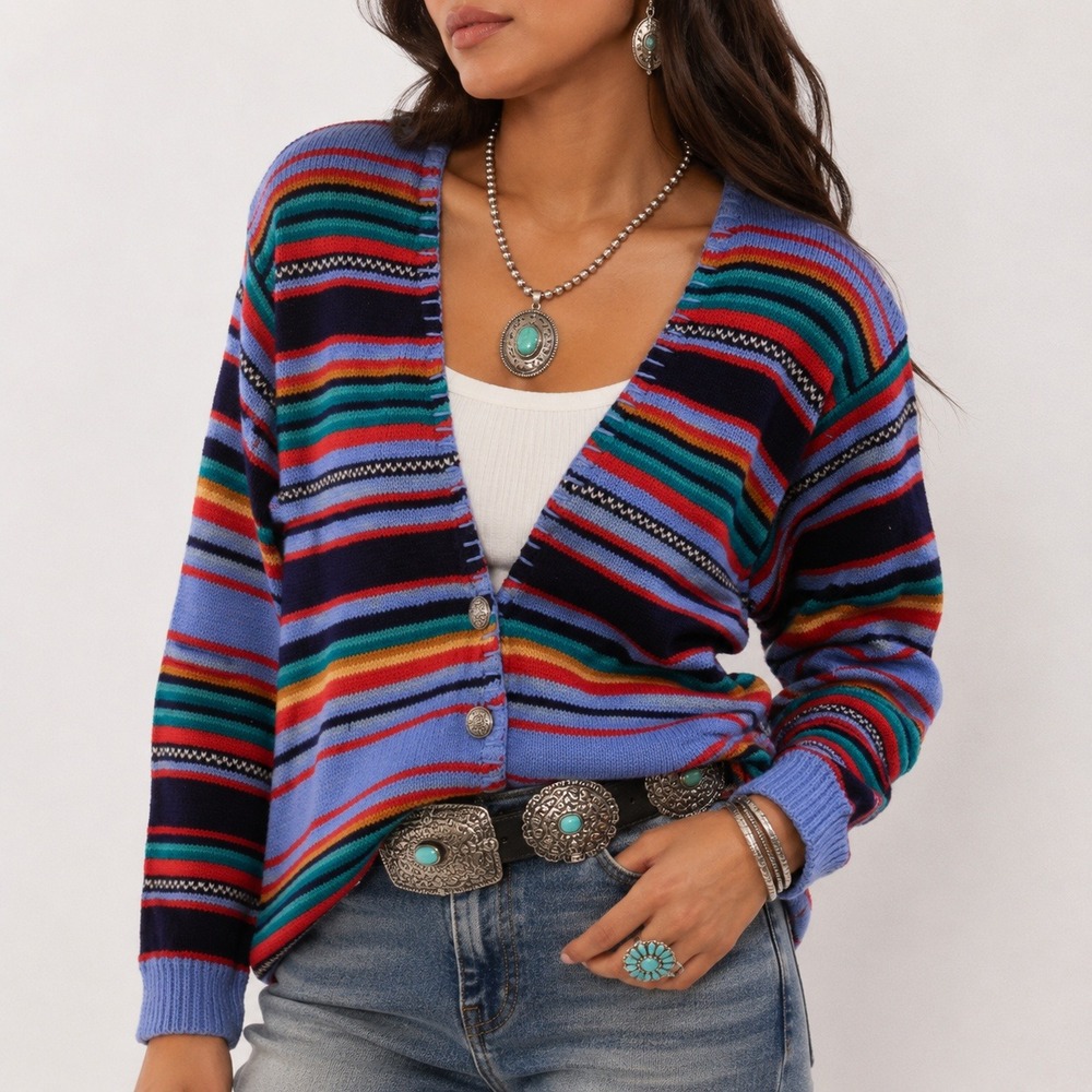 90s Blanket Stitch Striped Cardigan Womens M Blue Southwest Printed Knit Top